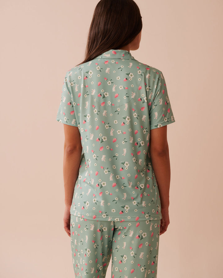 Rabbit &amp; Strawberry Print Super Soft Button-down S - Blue Surf Ditsy