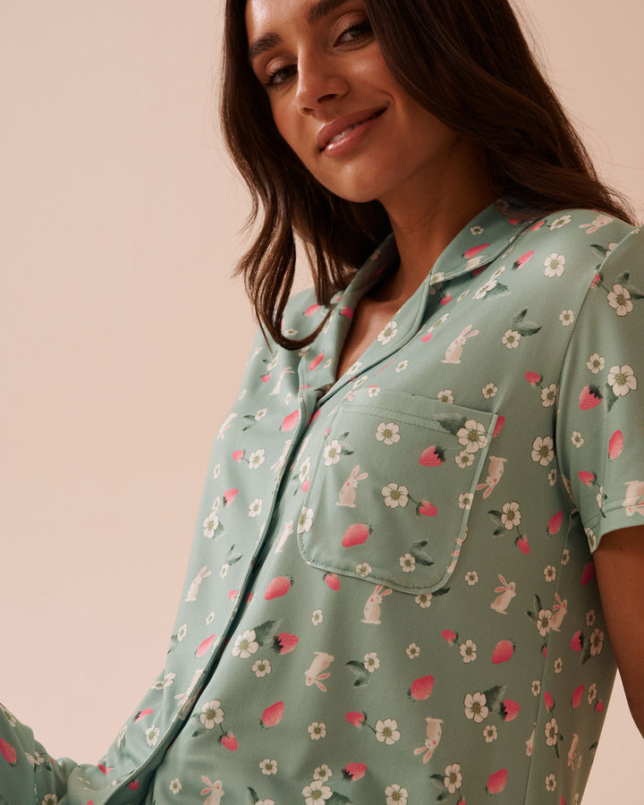 Rabbit &amp; Strawberry Print Super Soft Button-down S - Blue Surf Ditsy