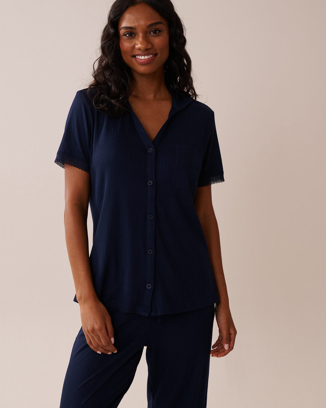 Lace Trim Ribbed Jersey Button-down Shirt - Maritime Blue