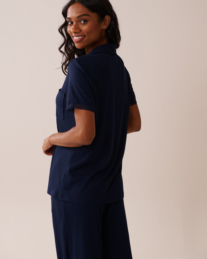 Lace Trim Ribbed Jersey Button-down Shirt - Maritime Blue