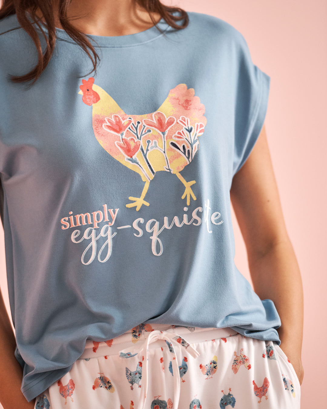 Chicken Print Super Soft T-shirt - Faded Denim