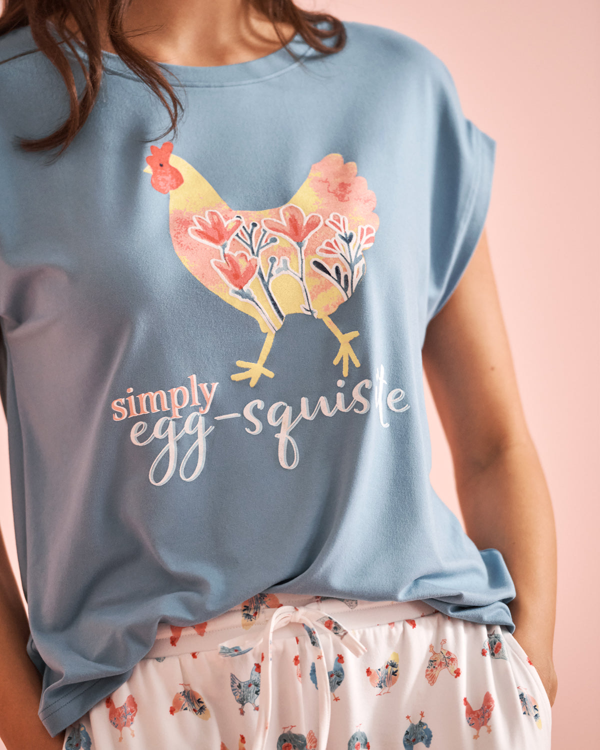 Chicken Print Super Soft T-shirt - Faded Denim