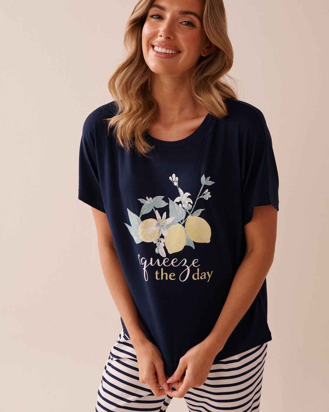 Lemon Print Super Soft Loose Fit T-shirt - Maritime Blue