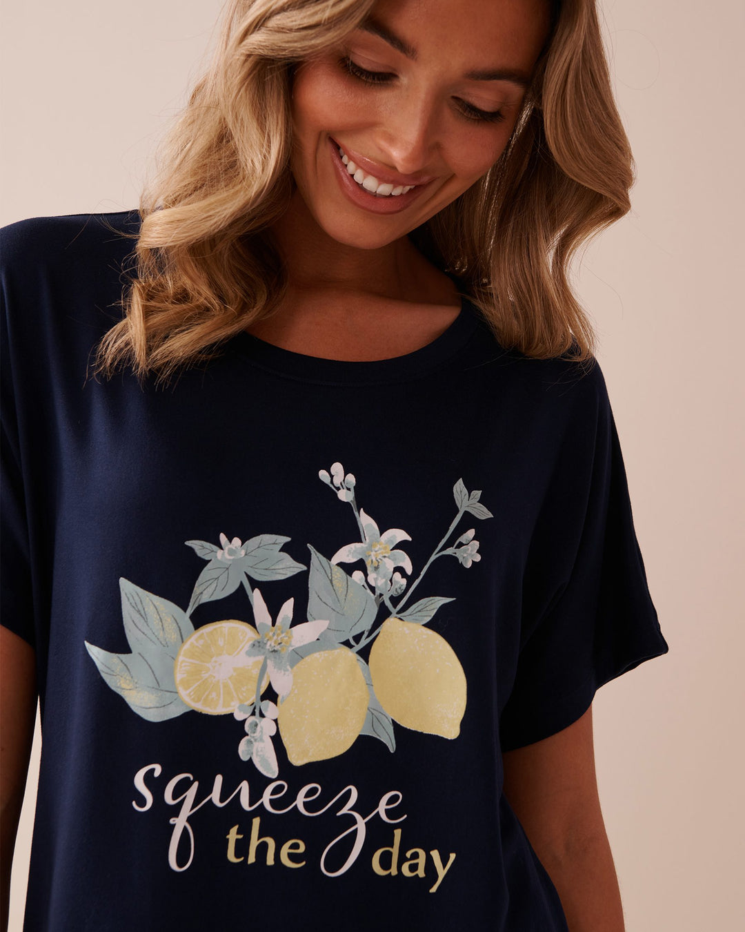 Lemon Print Super Soft Loose Fit T-shirt - Maritime Blue