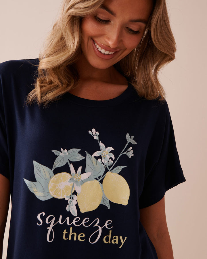 Lemon Print Super Soft Loose Fit T-shirt - Maritime Blue