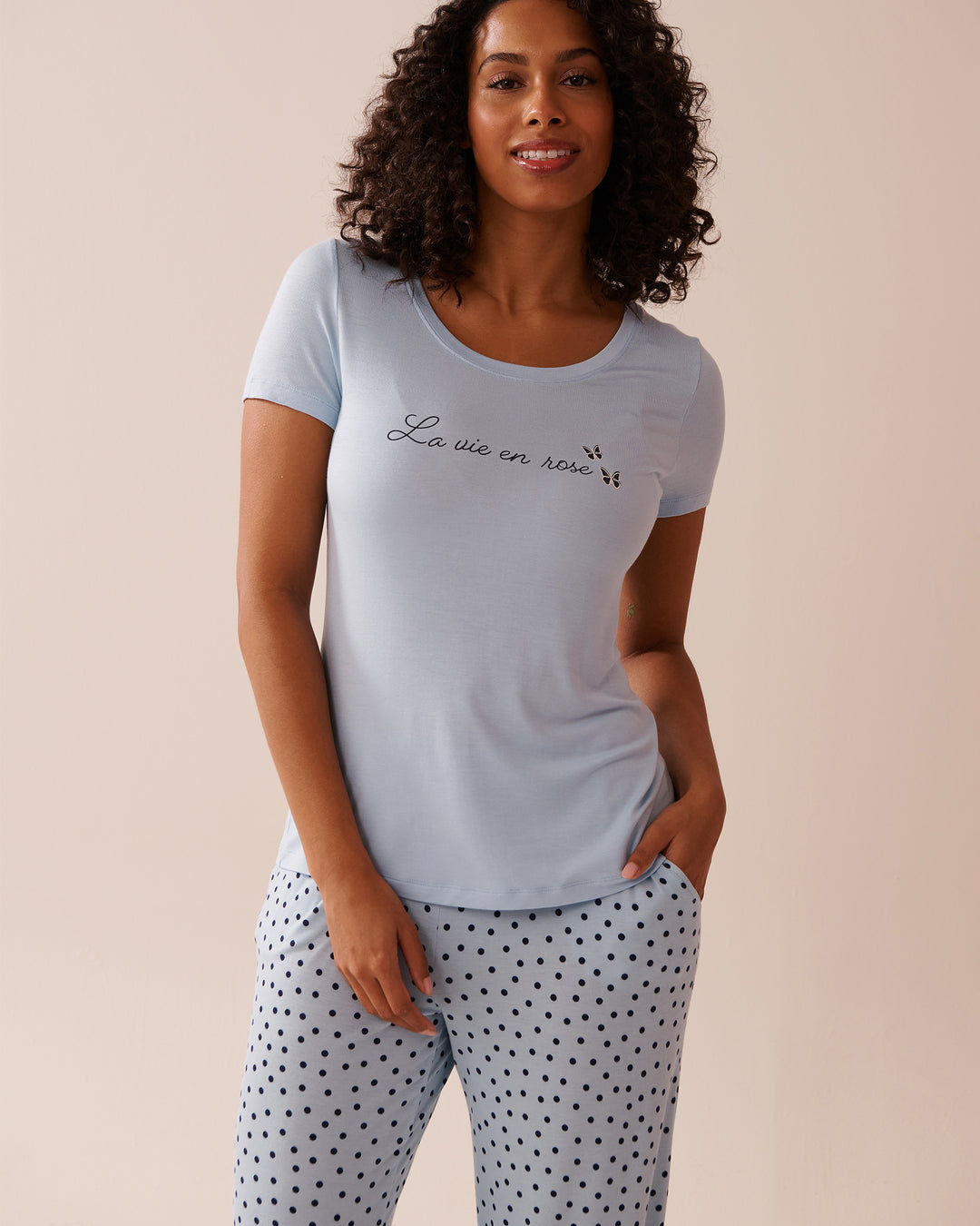 Butterfly Print Soft Jersey Crew Neck T-shirt - Cool Blue