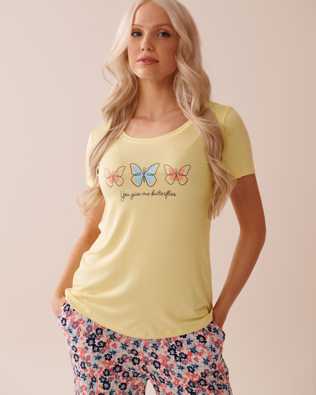 Butterfly Print Soft Jersey Crew Neck T-shirt - Flan