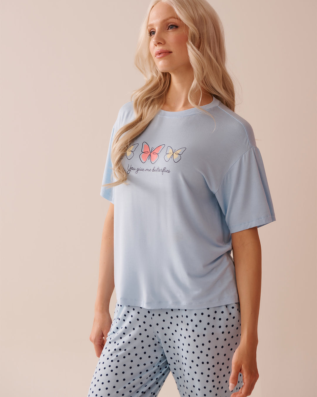 Butterfly Print Soft Jersey Drop Shoulder T-shirt - Cool Blue