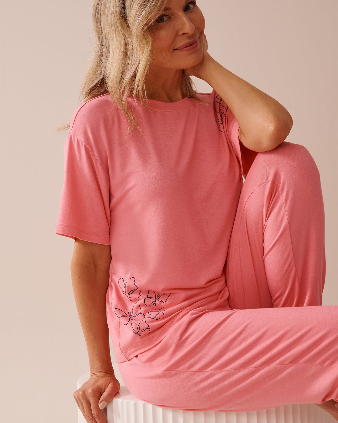 Butterfly Print Soft Jersey Drop Shoulder T-shirt - Salmon Rose