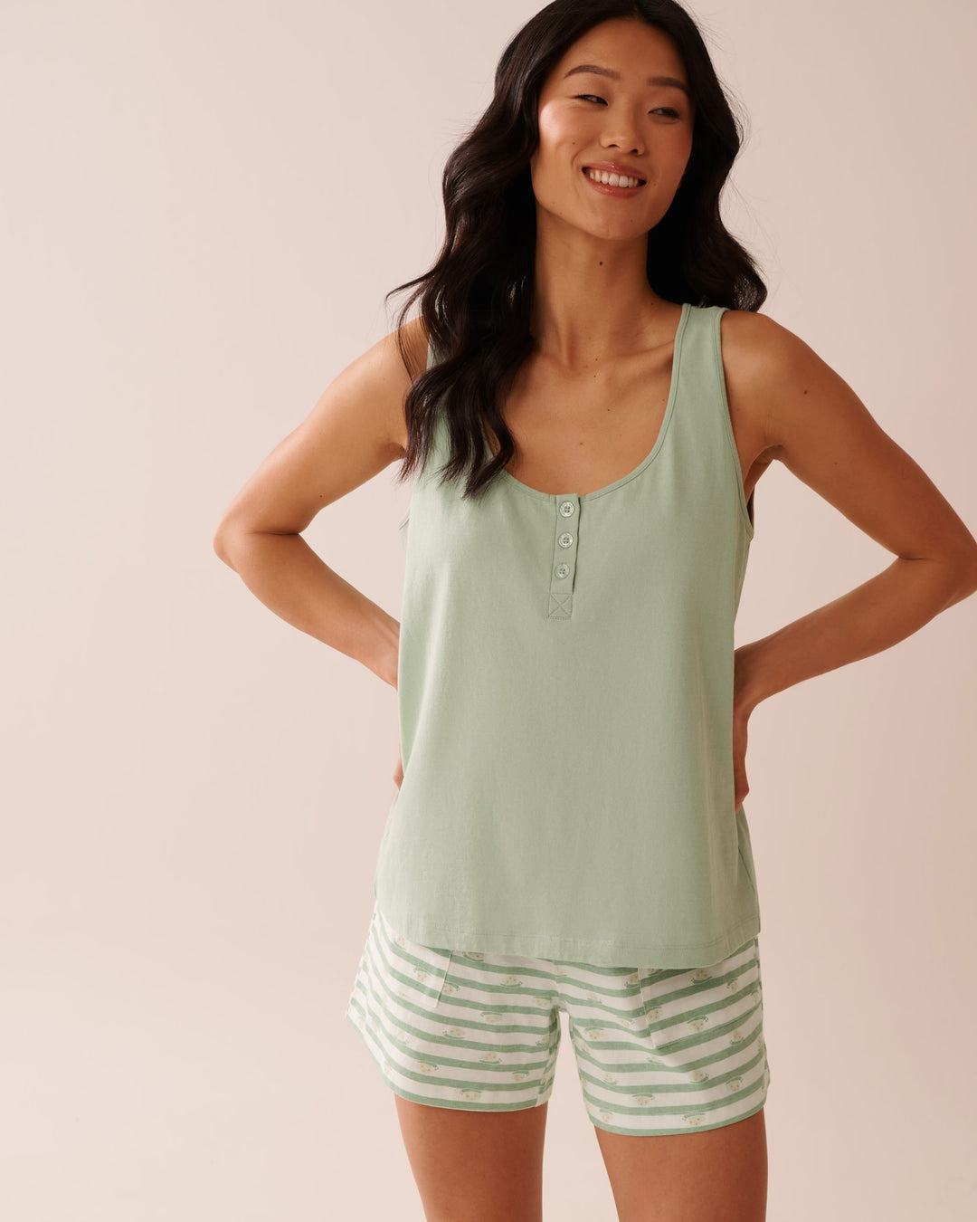Cotton Henley Cami - Frosty Green
