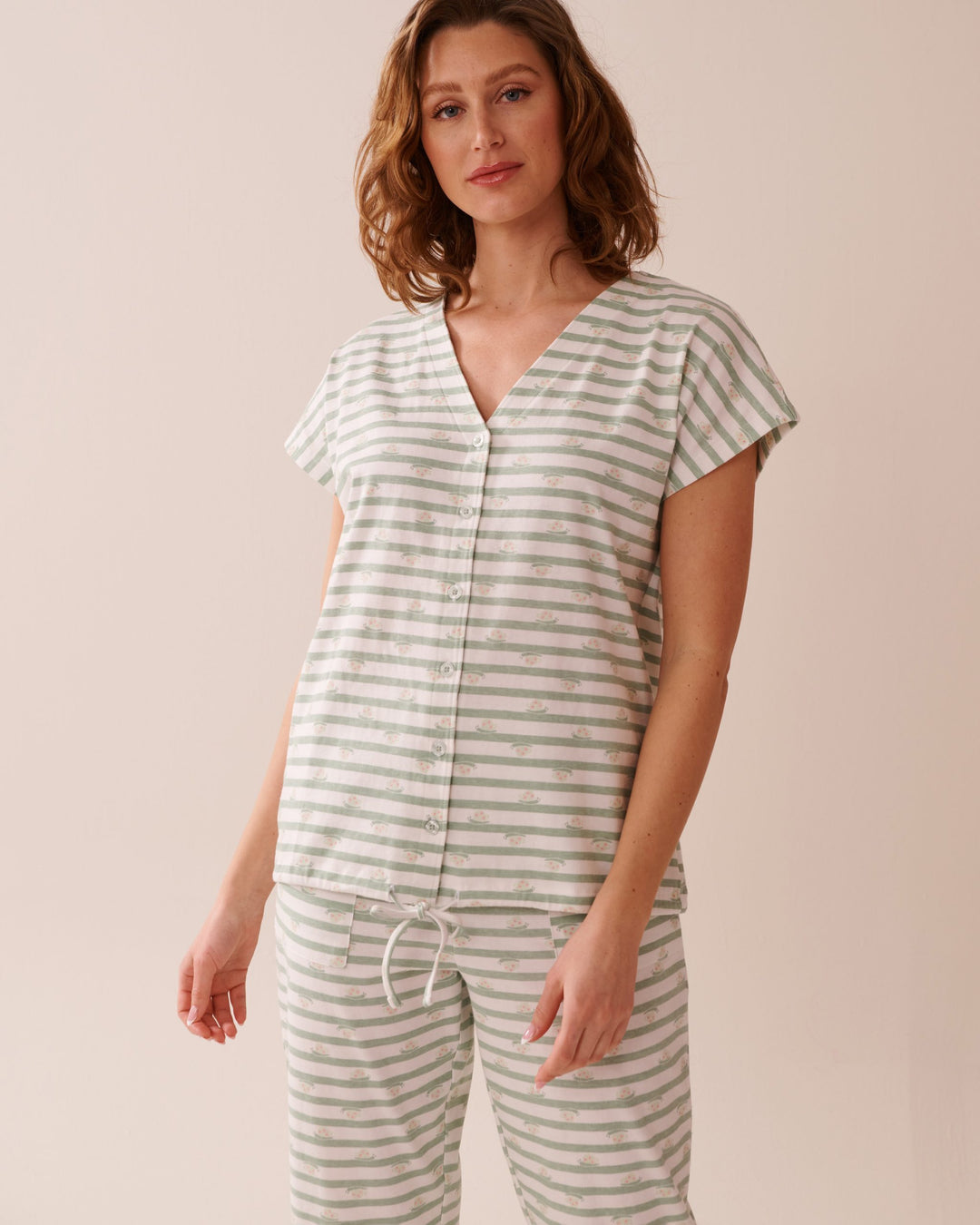 Stripe Print Cotton T-shirt - Frosty Green Snail