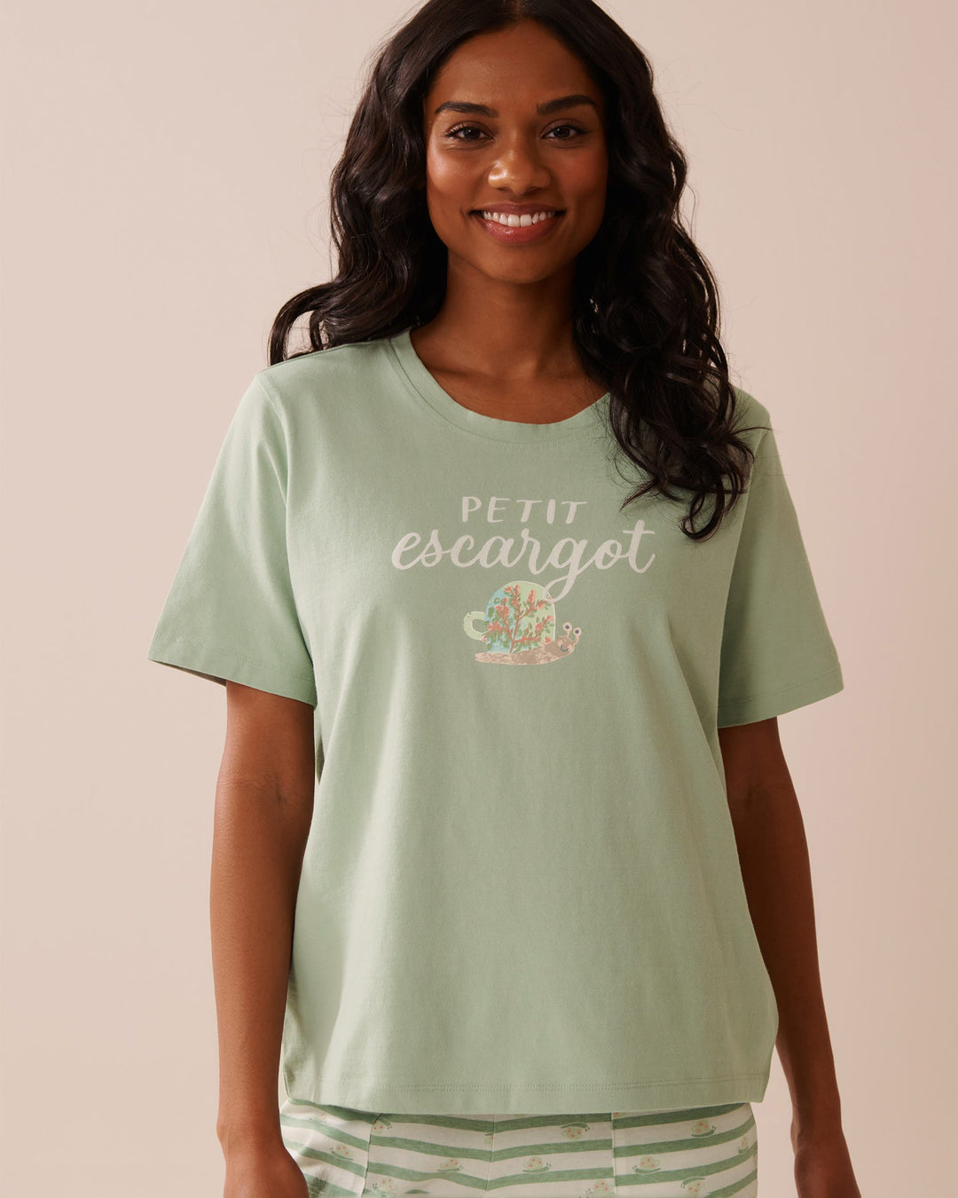 Snail Print Crew Neck Cotton T-shirt - Frosty Green