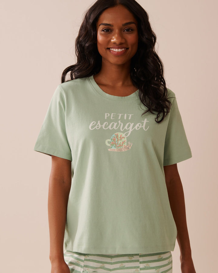 Snail Print Crew Neck Cotton T-shirt - Frosty Green