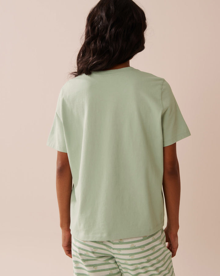 Snail Print Crew Neck Cotton T-shirt - Frosty Green