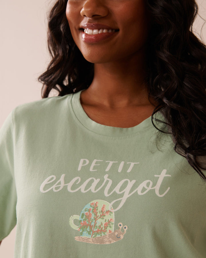 Snail Print Crew Neck Cotton T-shirt - Frosty Green