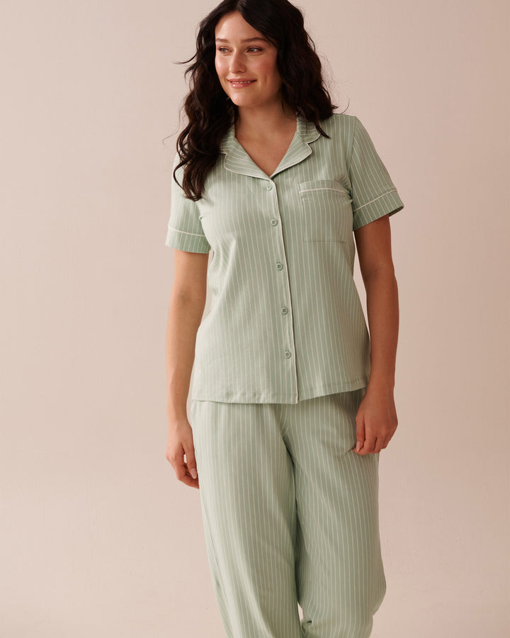 Cotton Short Sleeve Button-down Shirt - Frosty Green Pinstripe