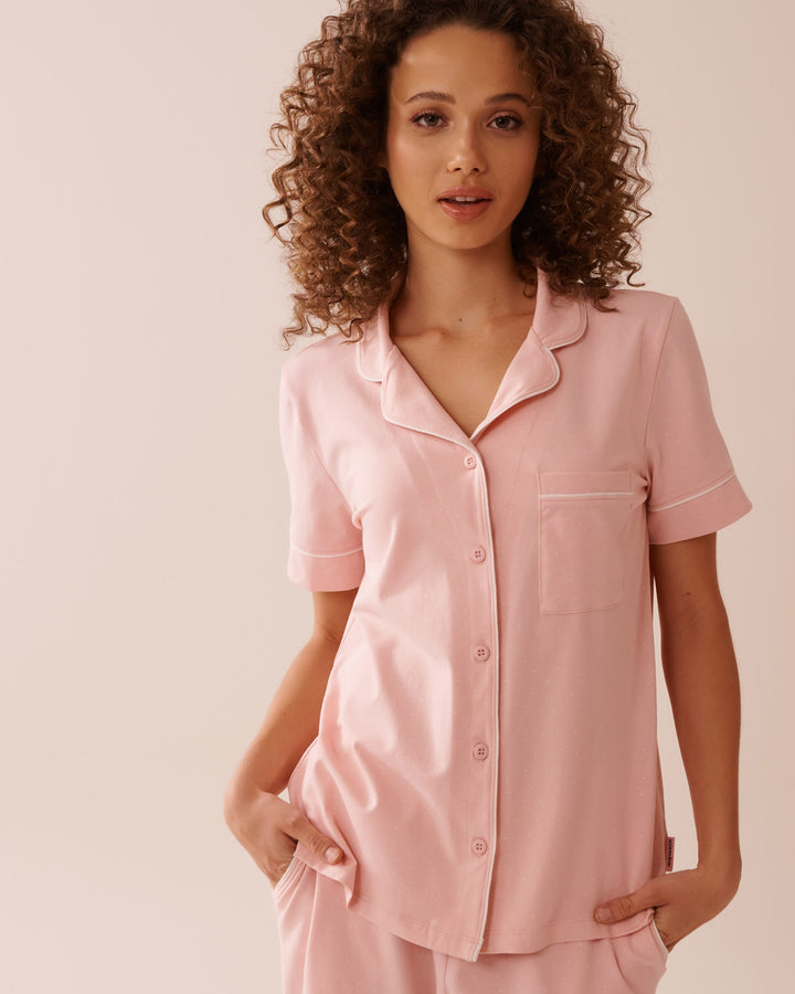 Cotton Short Sleeve Button-down Shirt - Frosty Green Pinstripe