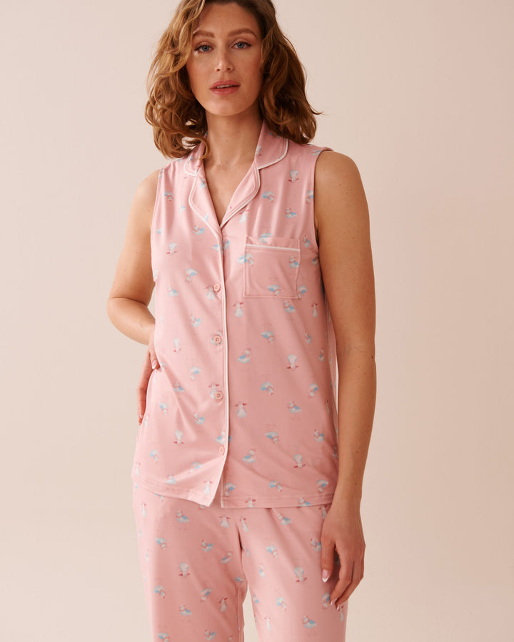 Seagull Print Super Soft Sleeveless Button-down Sh - Peachskin Gull