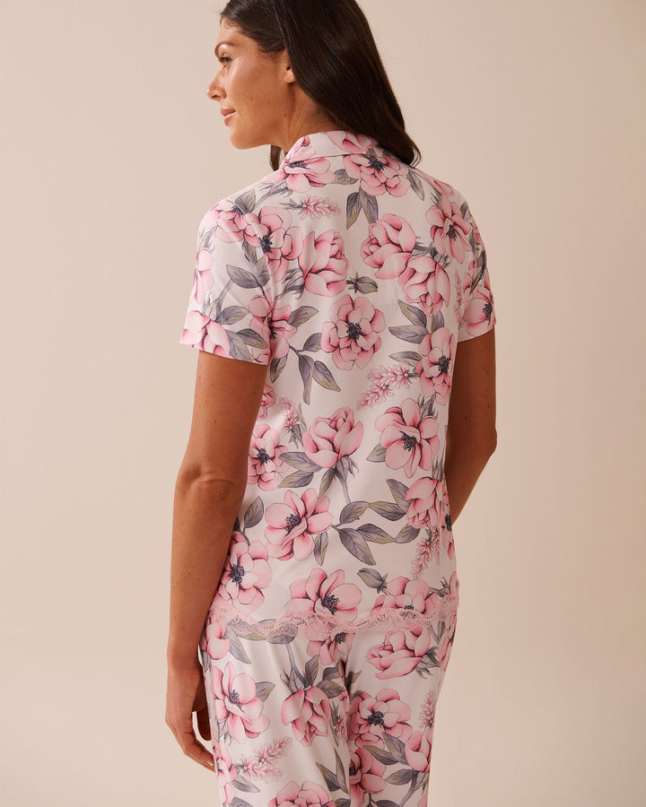 Camellia Print Lace Trim Super Soft Button-down Sh - Snow White Big Floral