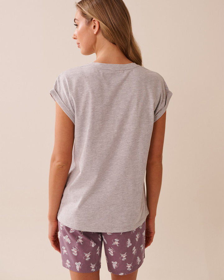 Bow Print Cotton Crew Neck T-shirt - Comfy Grey Mix