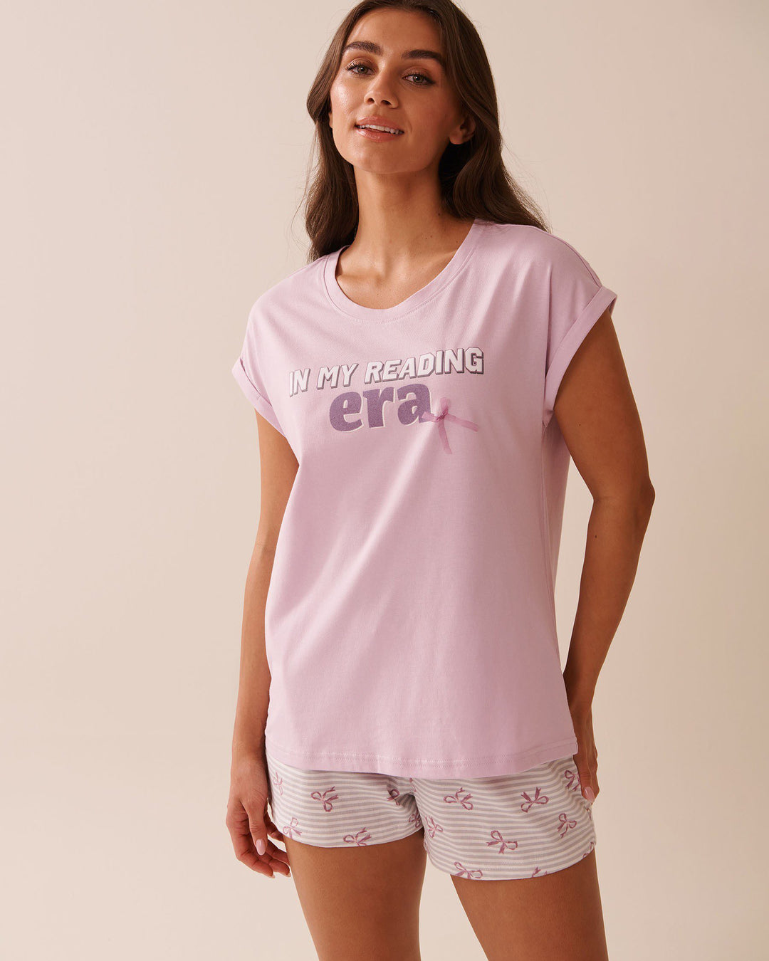 Bow Print Cotton Crew Neck T-shirt - Lavender Frost