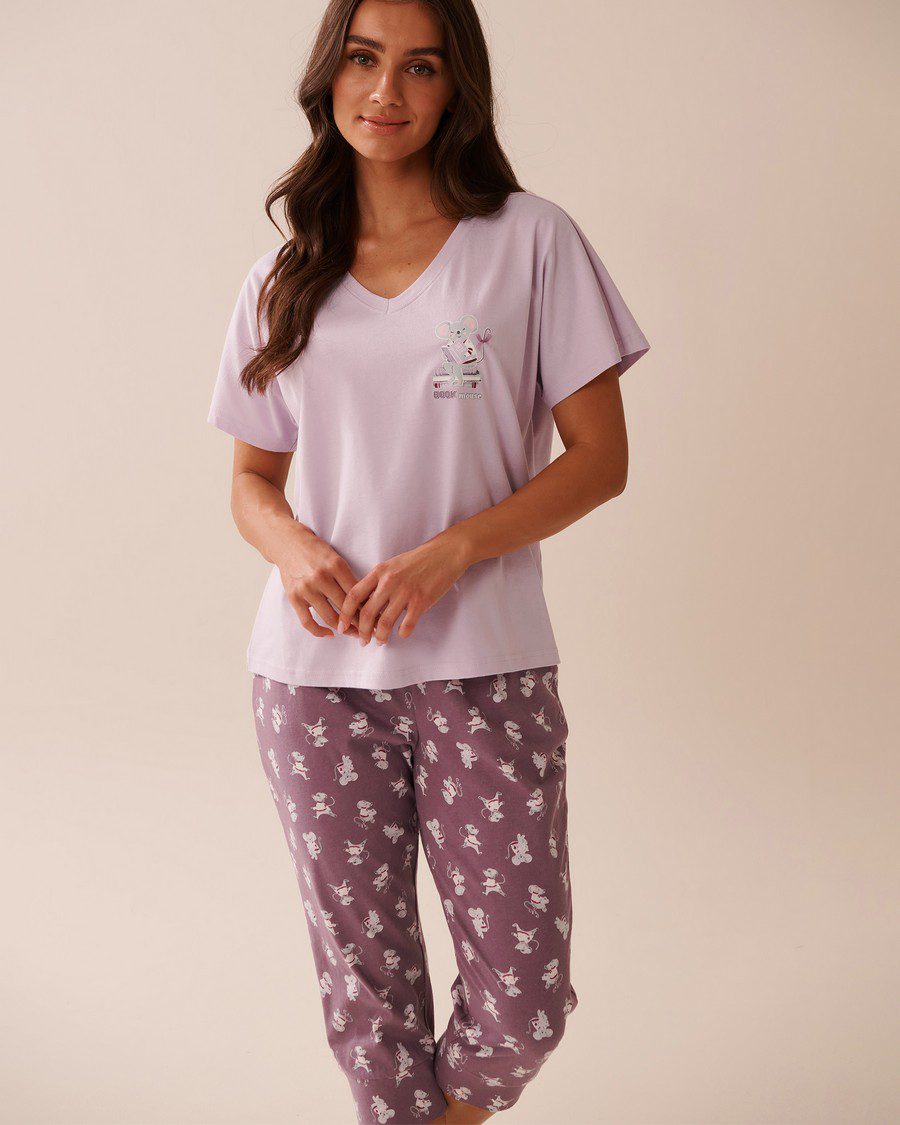 Weekend Print Cotton V-neck T-shirt - Lavender Frost