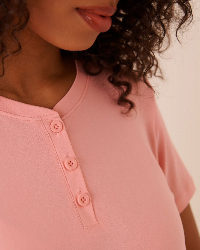 Peach D Floral Tshirt Wplacket - Pink