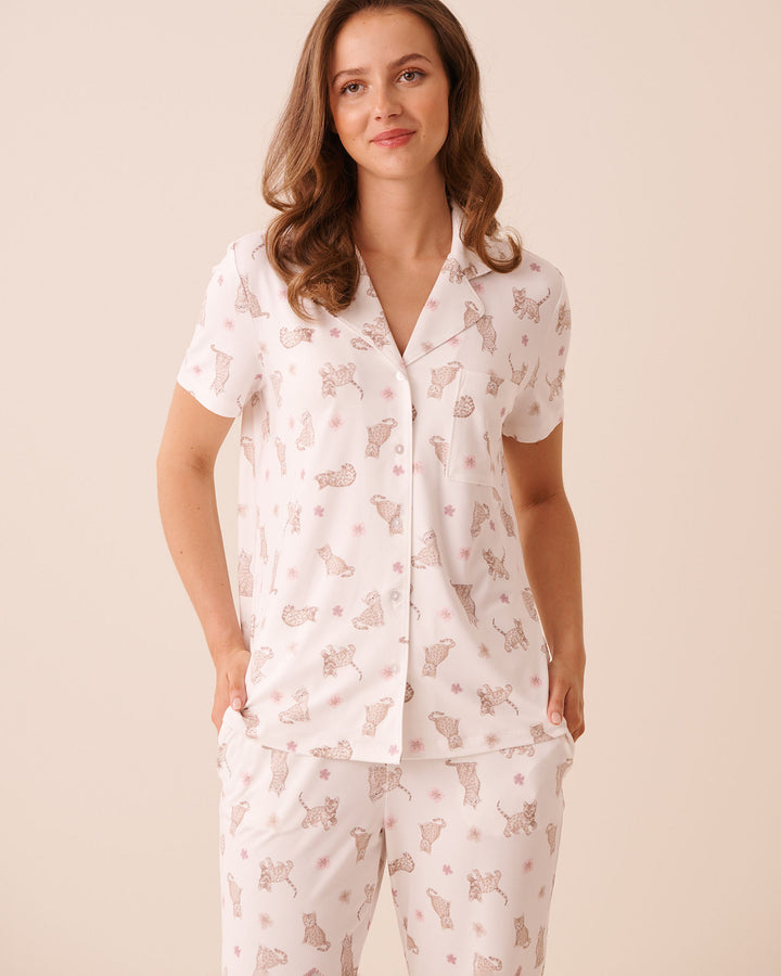 Leopard Flower Print Super Soft Short Sleeve Button-down Shirt