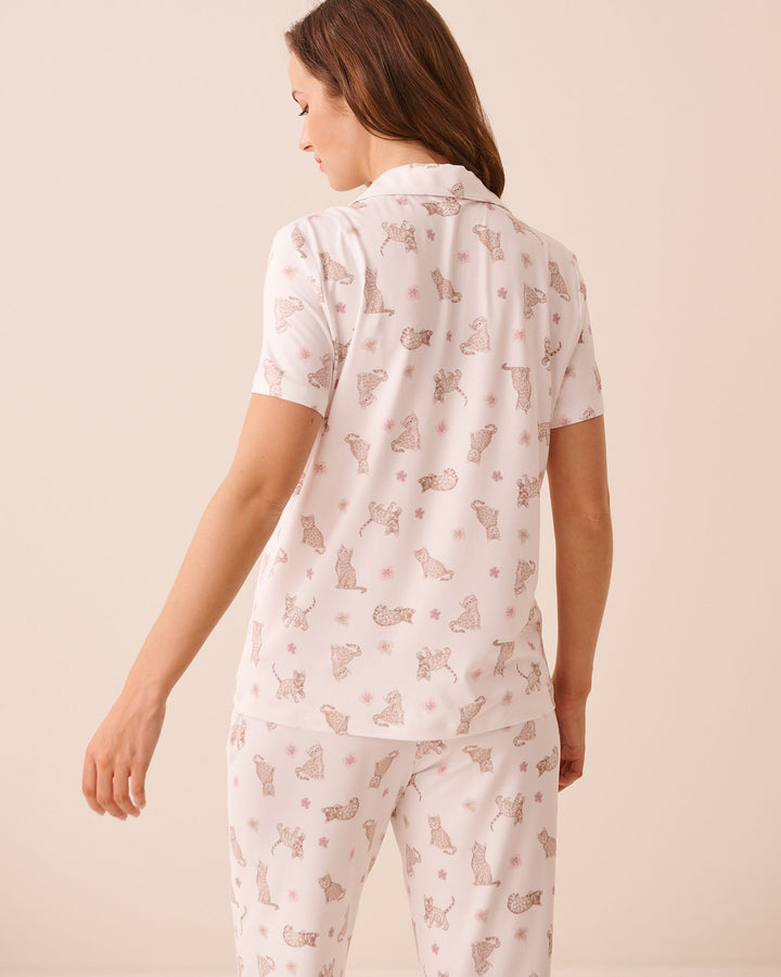 Leopard Flower Print Super Soft Short Sleeve Button-down Shirt