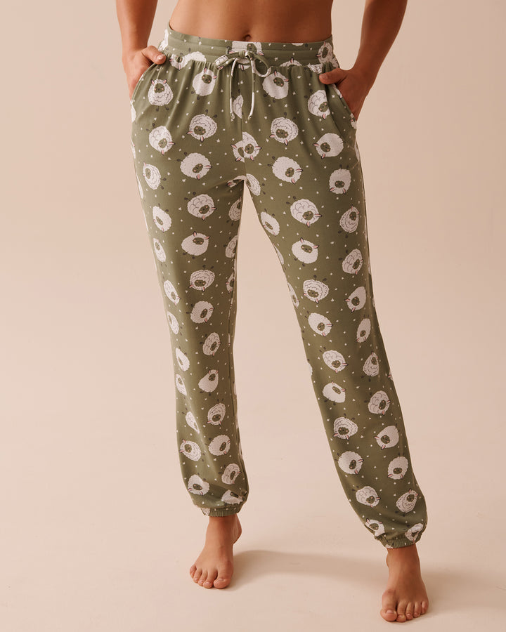Sheep Print Super Soft Jogger Pajama Pants - Oil Green Sheep