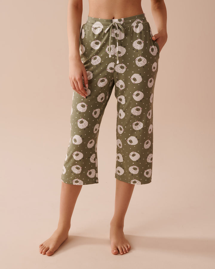 Sheep Print Super Soft Capris - Oil Green Sheep