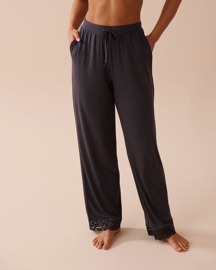 Lace Detail Modal Pants - Black Forest