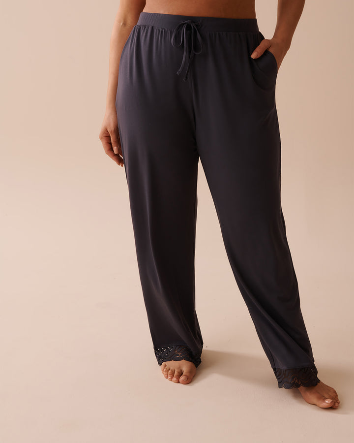 Lace Detail Modal Pants - Black Forest