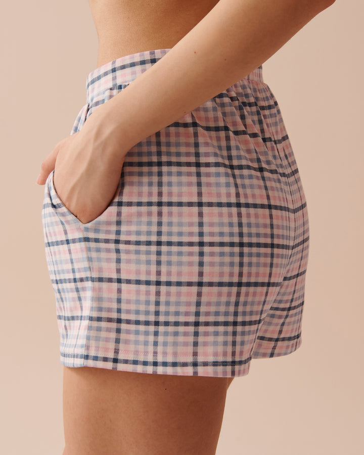 Apple Print Cotton Pajama Shorts - China Blue Plaid