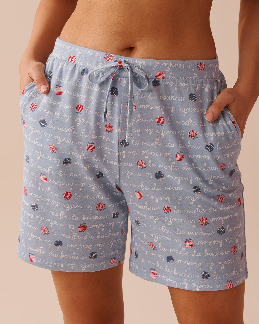 Apple Print Cotton Pyjama Bermudas - Blue Fog Wording