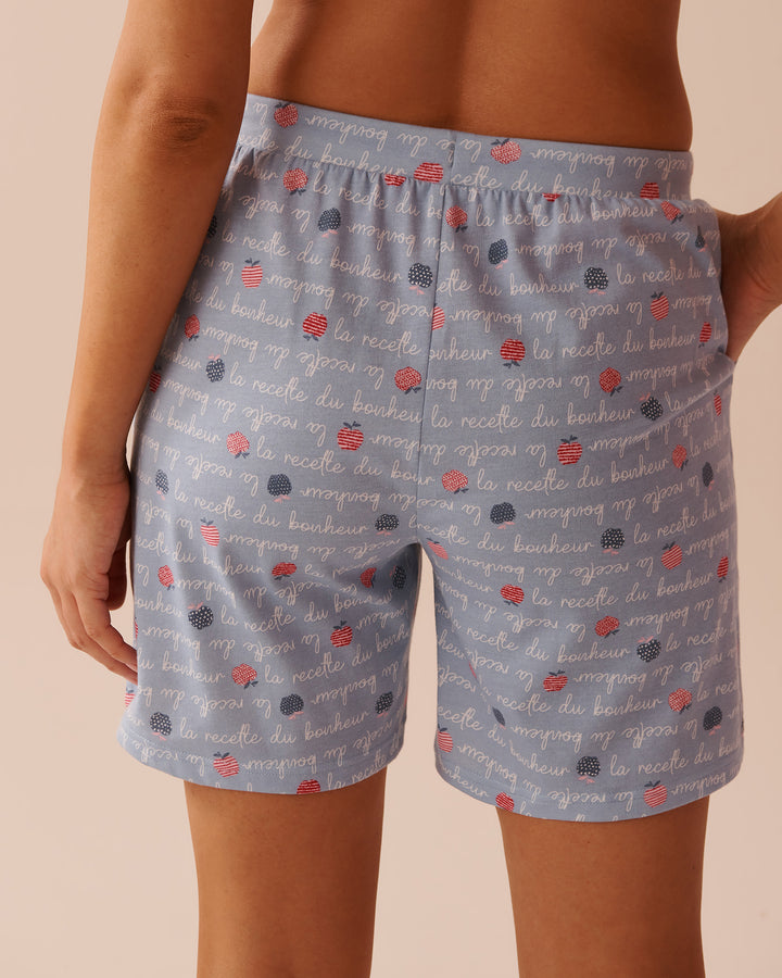 Apple Print Cotton Pyjama Bermudas - Blue Fog Wording