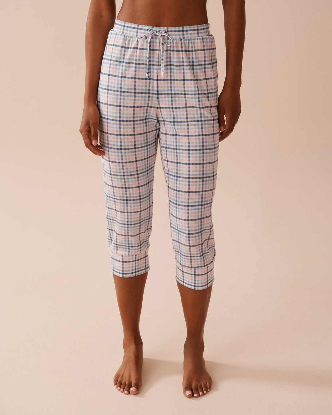Apple Print Cotton Fitted Pajama Capris - China Blue Plaid