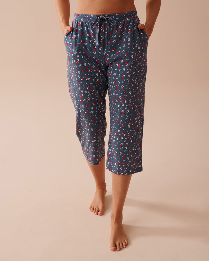 Apple Print Cotton Pajama Capris - China Blue Ditsy