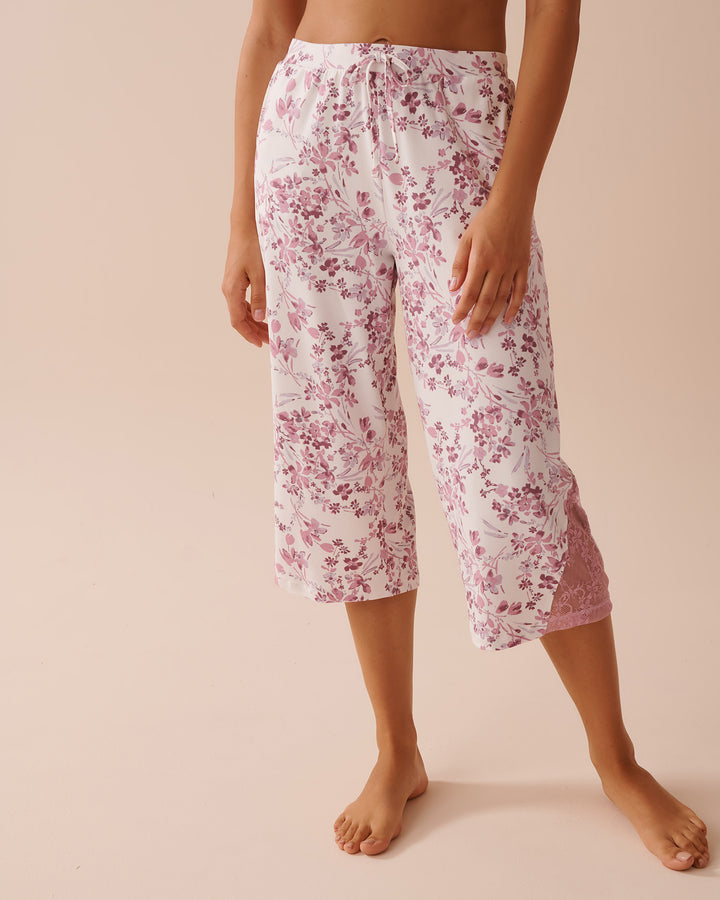 Purple Flowers Super Soft Lace Detail Capris - Mauve Mist Floral