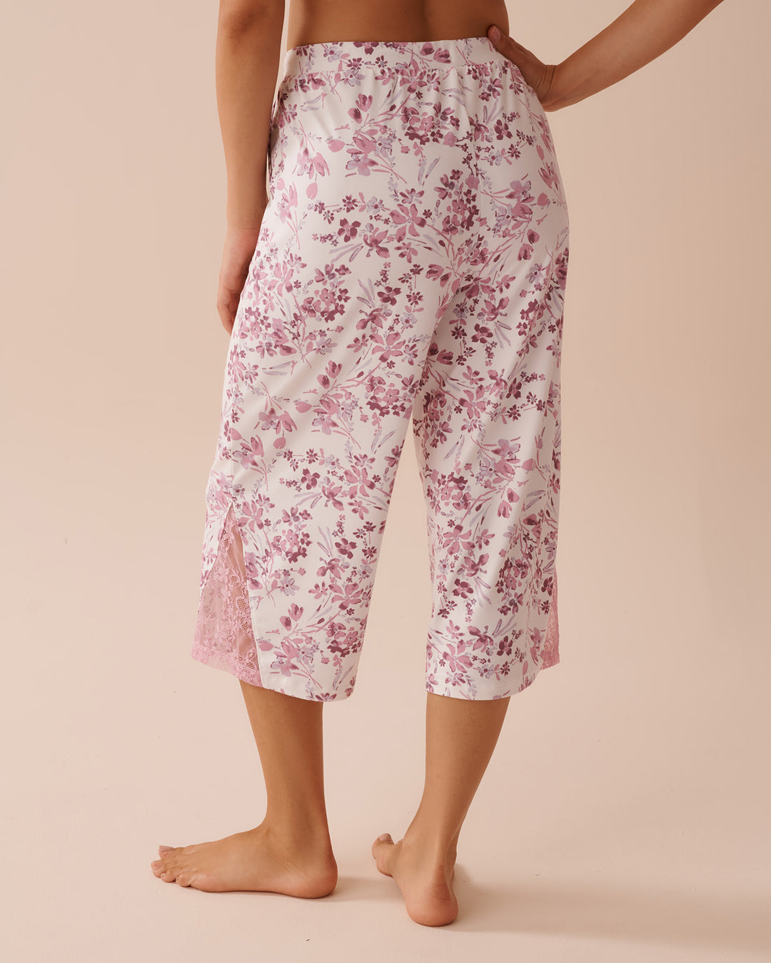 Purple Flowers Super Soft Lace Detail Capris - Mauve Mist Floral
