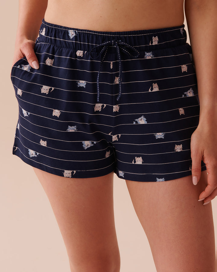 Cat Print Cotton Pajama Shorts - Evening Blue Stripe Cat