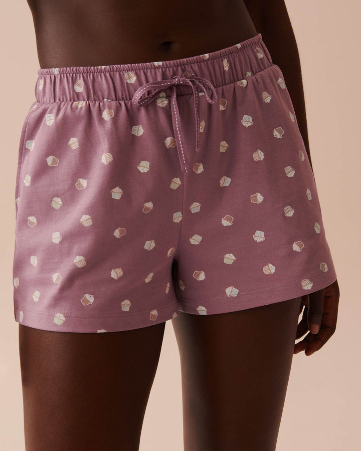 Cat Print Cotton Pajama Shorts - Very Grape Cupcakes