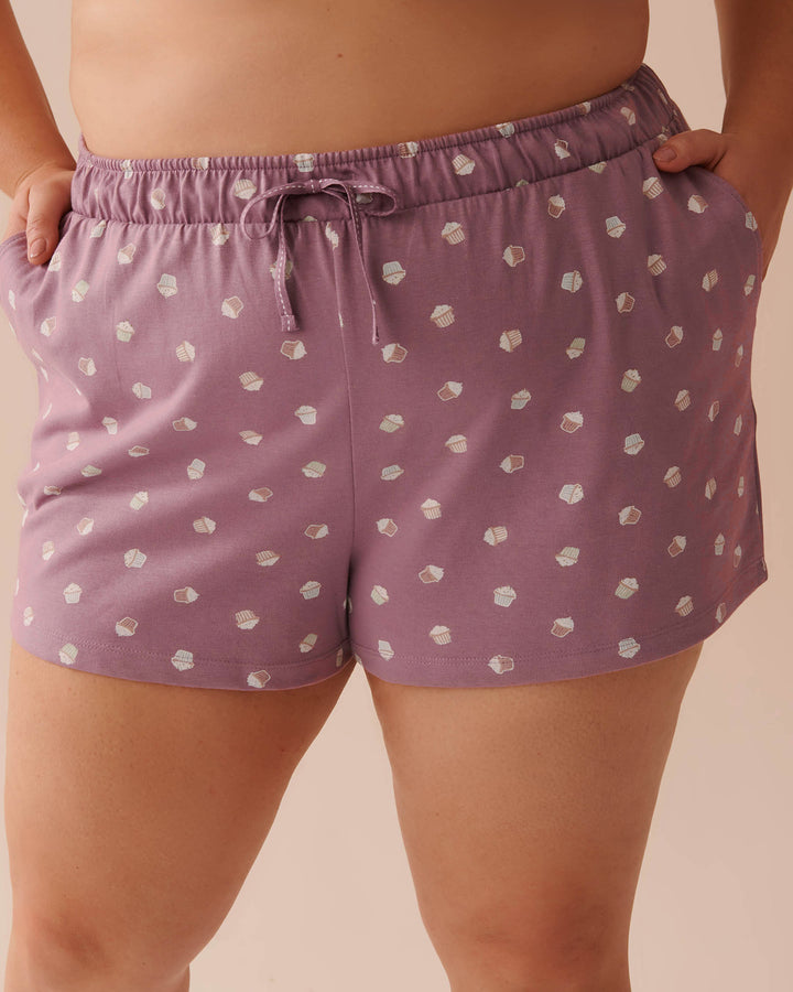 Cat Print Cotton Pajama Shorts - Very Grape Cupcakes