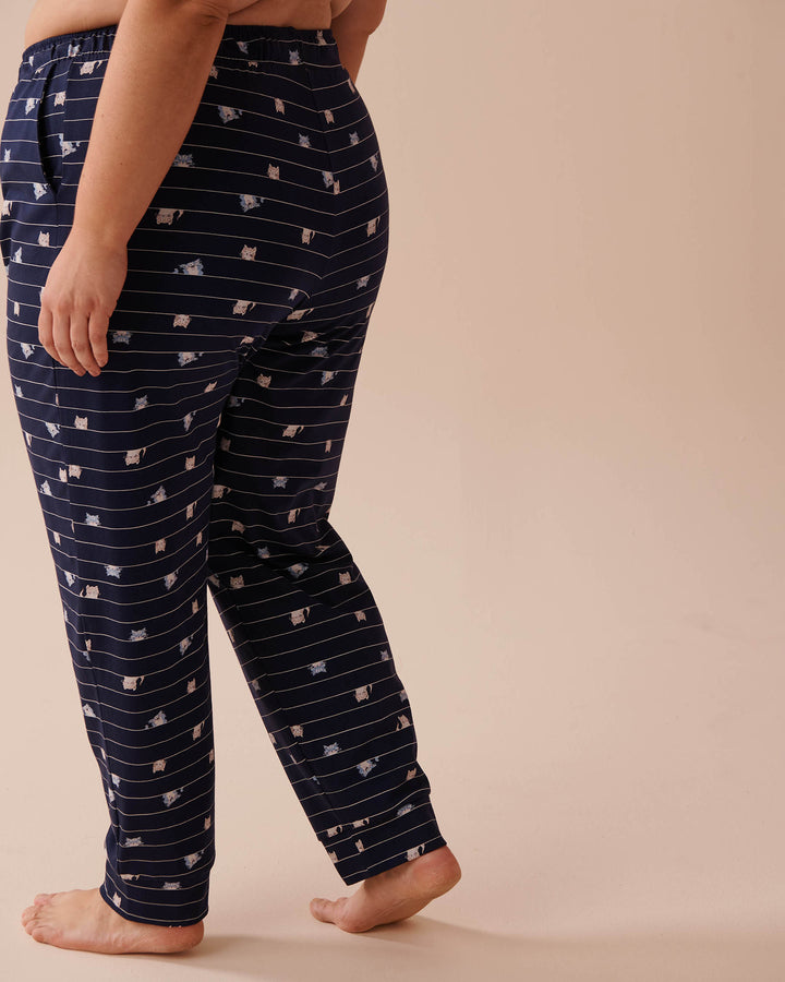 Cat Print Cotton Jogger Pajama Pants - Evening Blue Stripe Cat