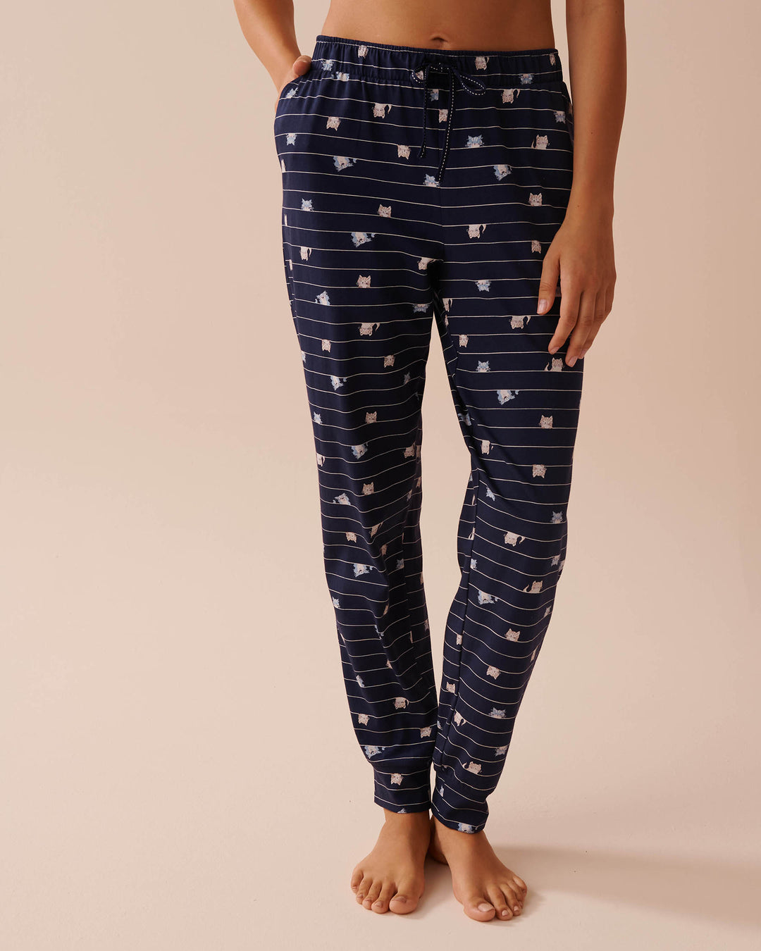 Cat Print Cotton Jogger Pajama Pants - Evening Blue Stripe Cat