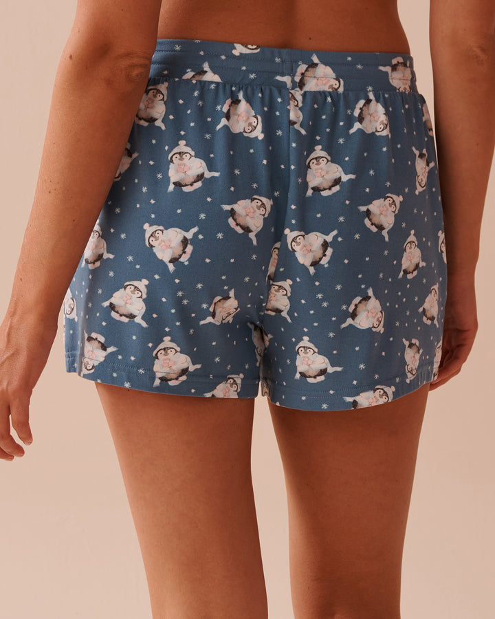 Penguin Print Super Soft Pajama Shorts - Blue Shadow Penguin