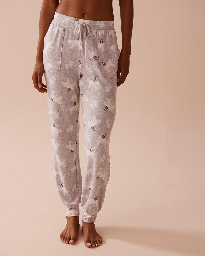 Polar Bear Print Recycled Fibers Jogger Pajama Pan - Comfy Grey Polar Bear