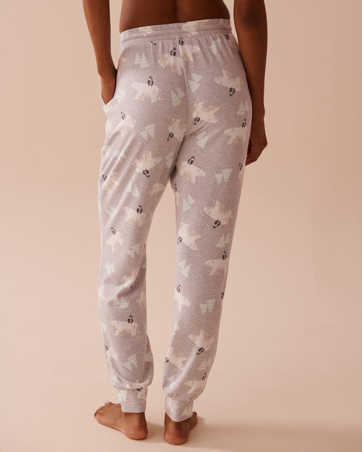 Polar Bear Print Recycled Fibers Jogger Pajama Pan - Comfy Grey Polar Bear