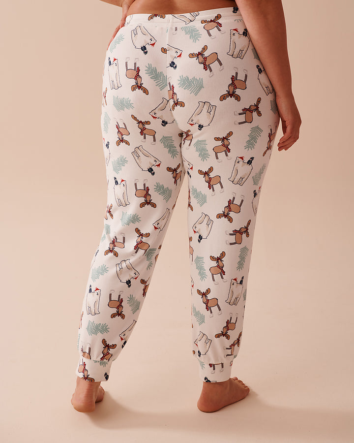 Animal Print Recycled Fibers Jogger Pajama Pants - Snow White Winter Friends