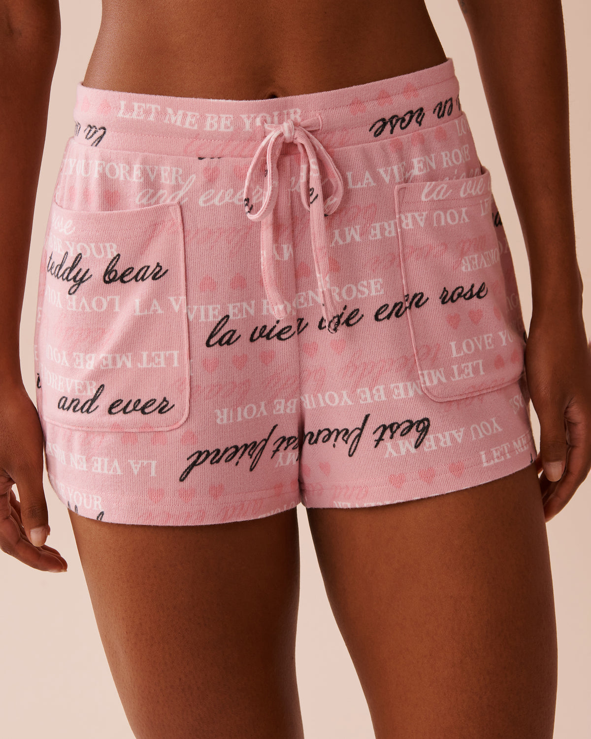 Heart and Letter Print Recycled Fibers Pajama Shor - Pink Nectar Wording